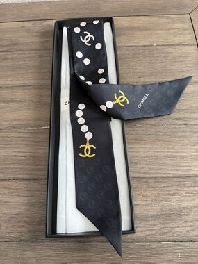 CHANEL Black Silk Polka Dot Twilly with Gold CC Motif